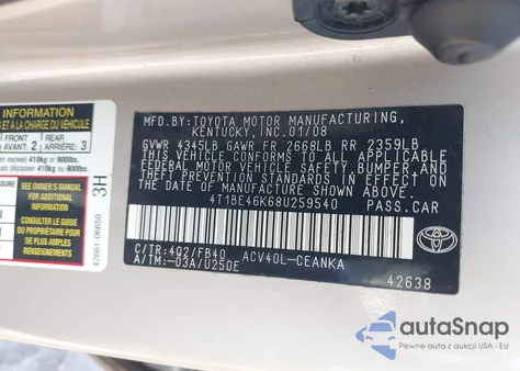 2008 Toyota Camry Le from USA, damaged, VIN 4T1BE46K68U259540